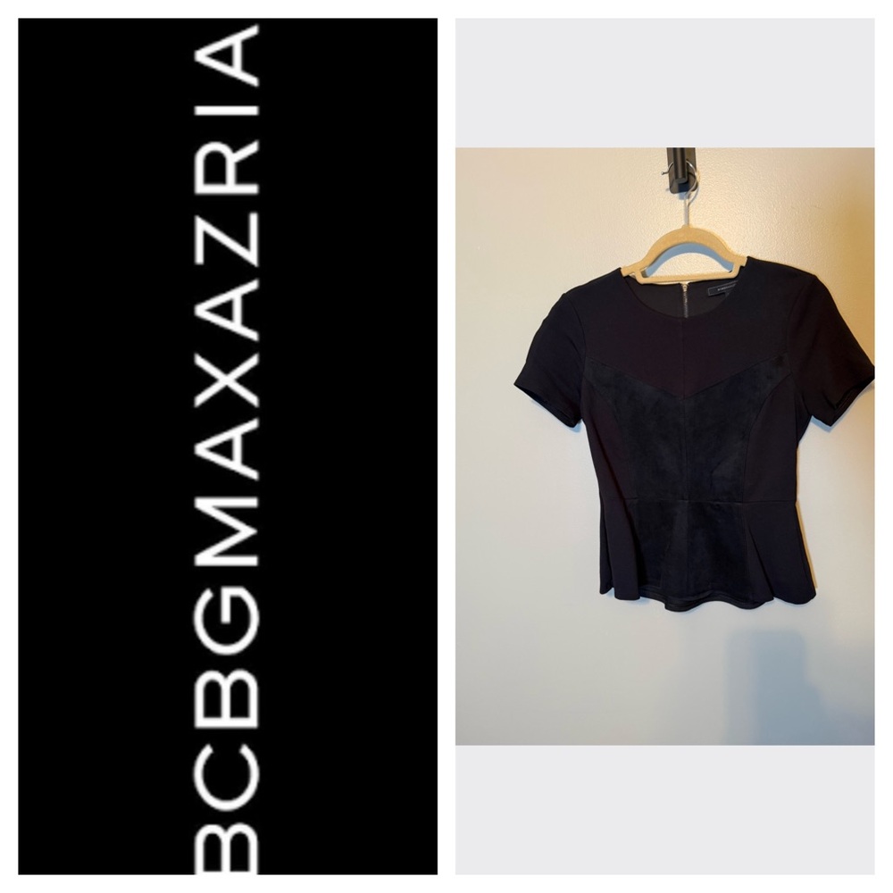 Like new BCBGMAXAZRIA Black Faux Suede Peplum Top Sz Small